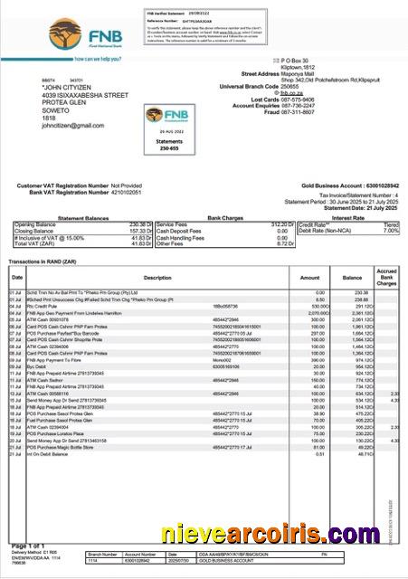 South Africa FNB bank statement Word and PDF
